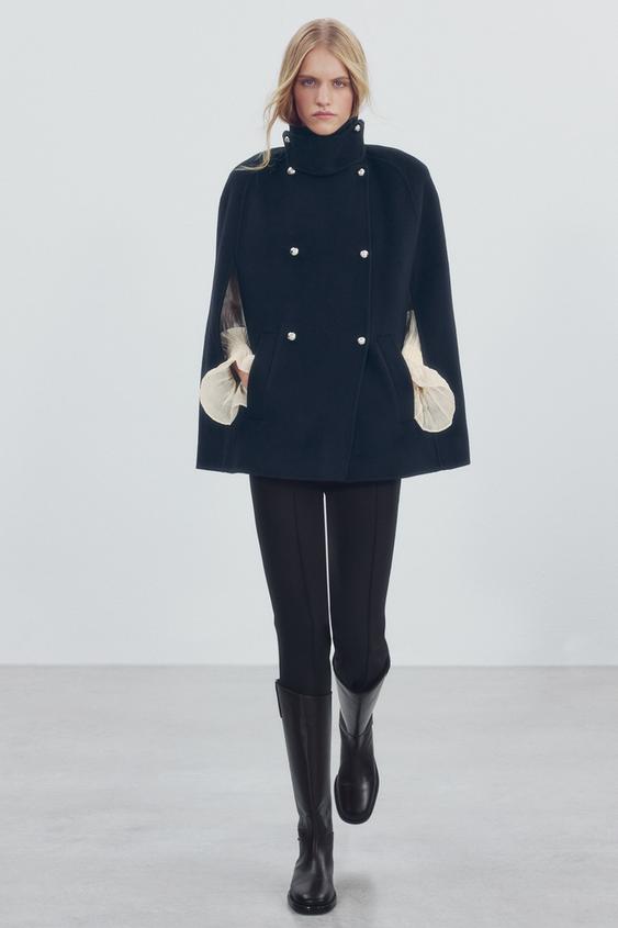 Zara ZW COLLECTION WOOL BLEND BUTTON CAPE - Dark navy - Image 0