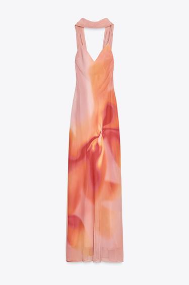 LONG PRINTED DRESS WITH SCARF - Pinks by Zara