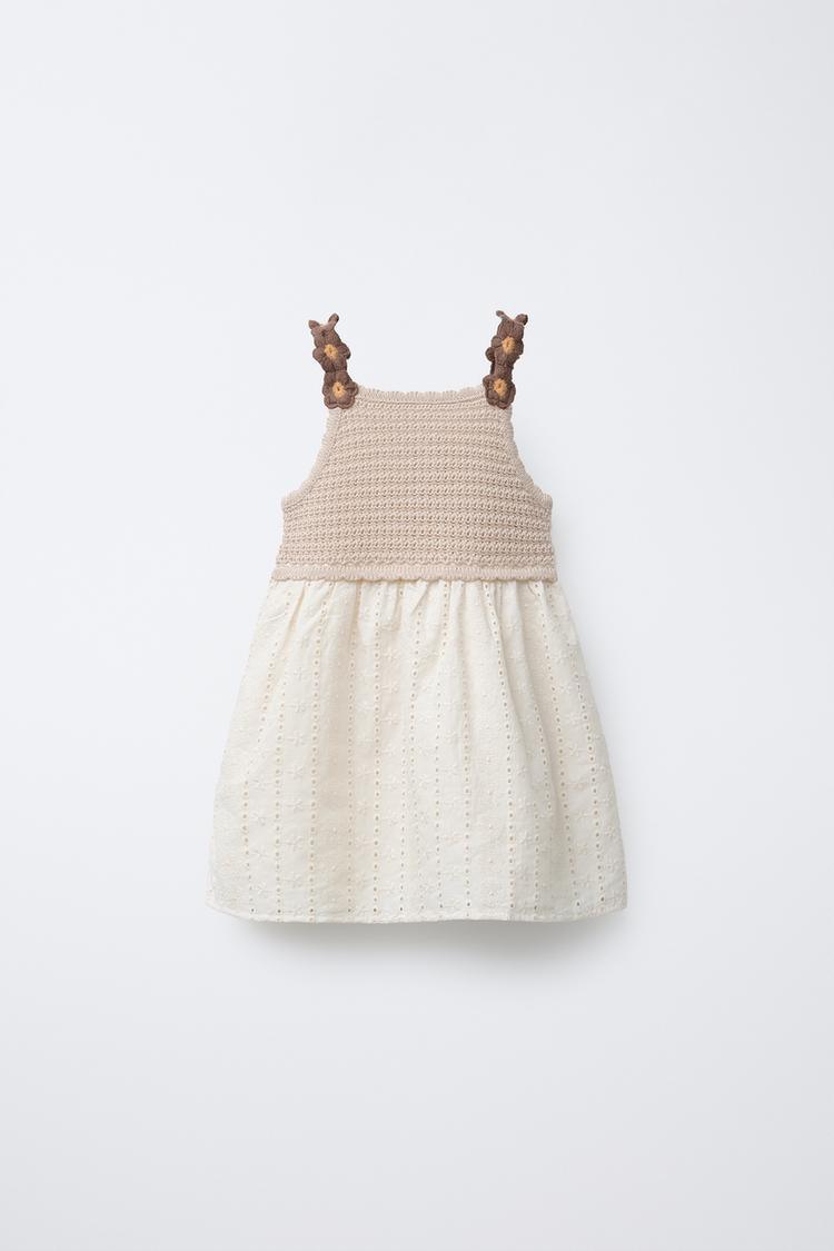VESTIDO PUNTO COMBINADO FLORES CROCHET Crudo ZARA Chile