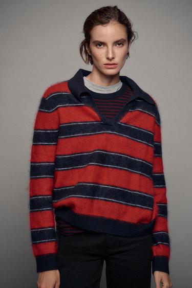 STRIPED 100% WOOL POLO JUMPER — red/navy 1