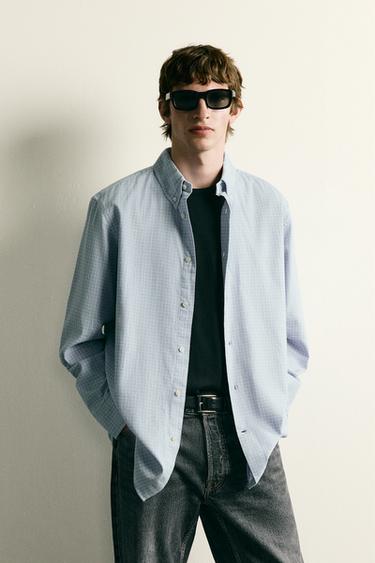 CAMISA REGULAR FIT CUADROS - Blanco / Celeste de Zara