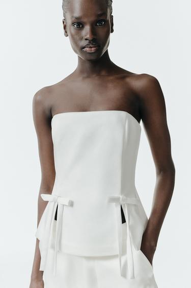 TOP SATINADO LAZOS - Blanco roto de Zara