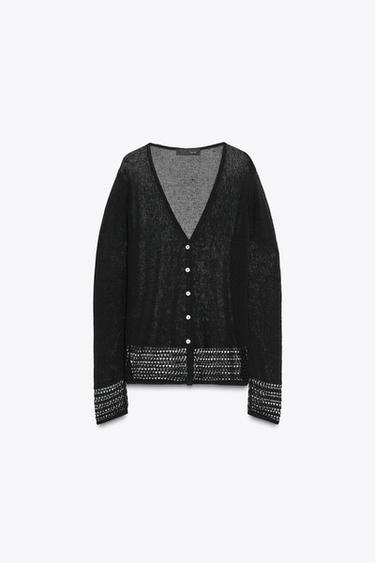 Zara POINTELLE HEM KNIT CARDIGAN - Black