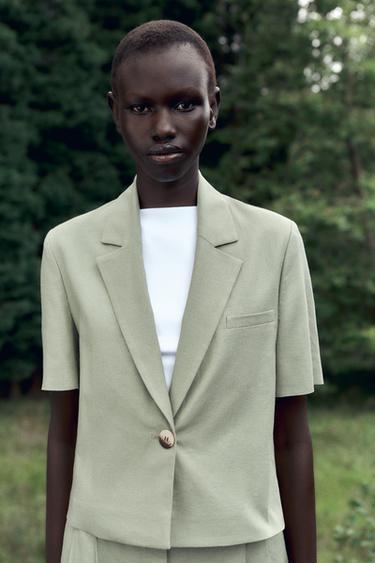 SHORT SLEEVE LINEN BLEND BLAZER - Light khaki by Zara