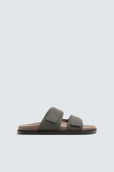DOUBLE STRAP LEATHER SANDALS - Taupe Grey by Zara