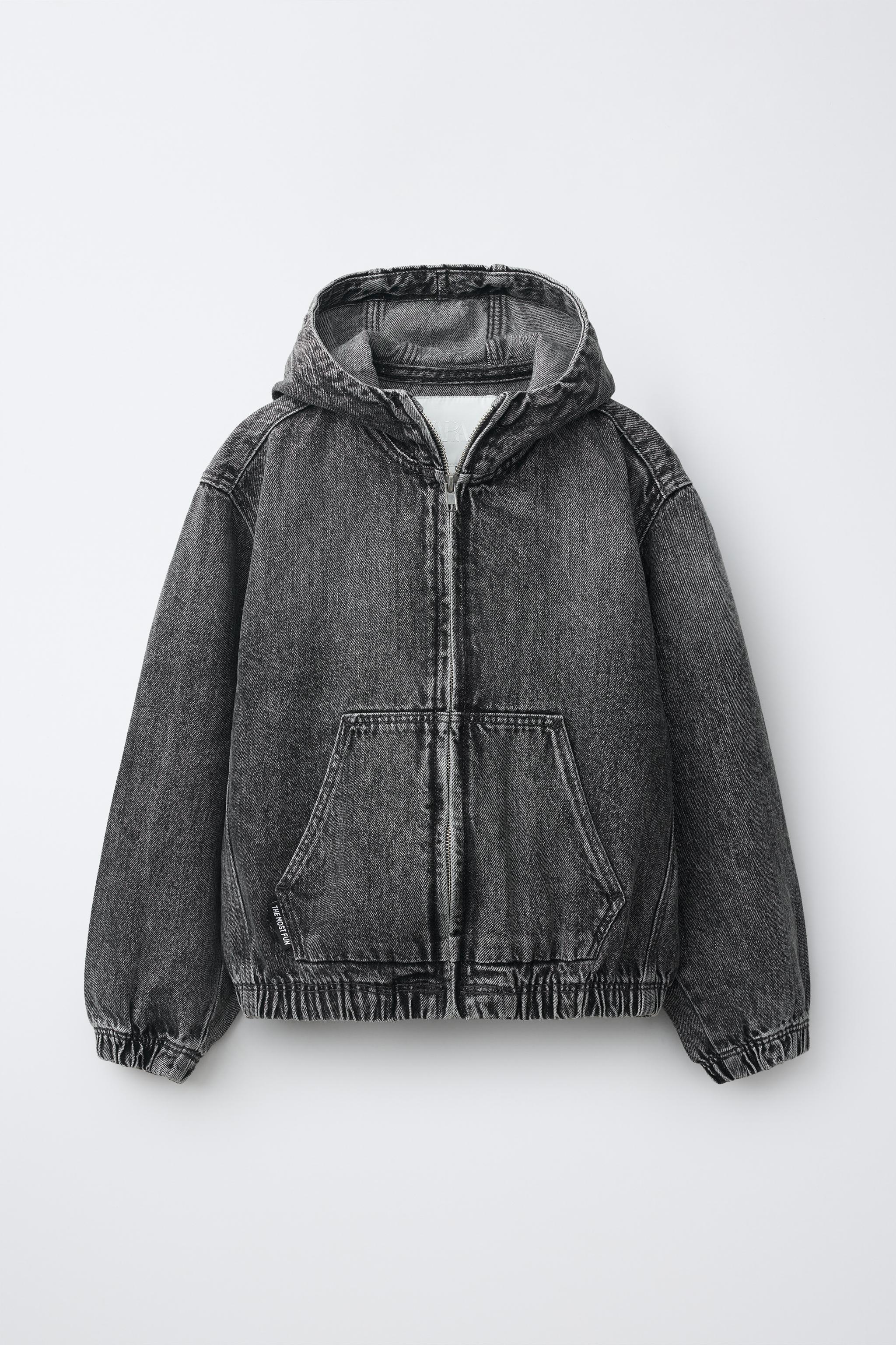 HOODED DENIM JACKET WITH LABEL — Gray