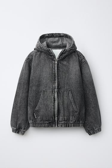 Zara HOODED DENIM JACKET WITH LABEL - Gray