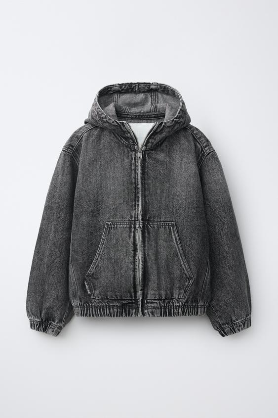DENIM JACKET WITH HOOD AND LABEL - Grey de Zara - Imagen 0