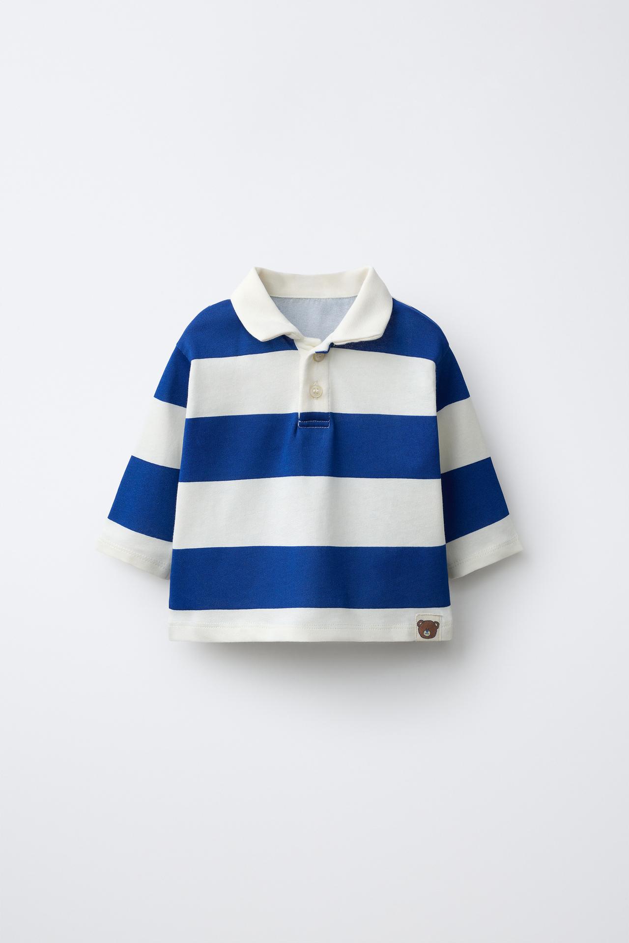 STRIPED LABEL POLO SHIRT — Blue / White