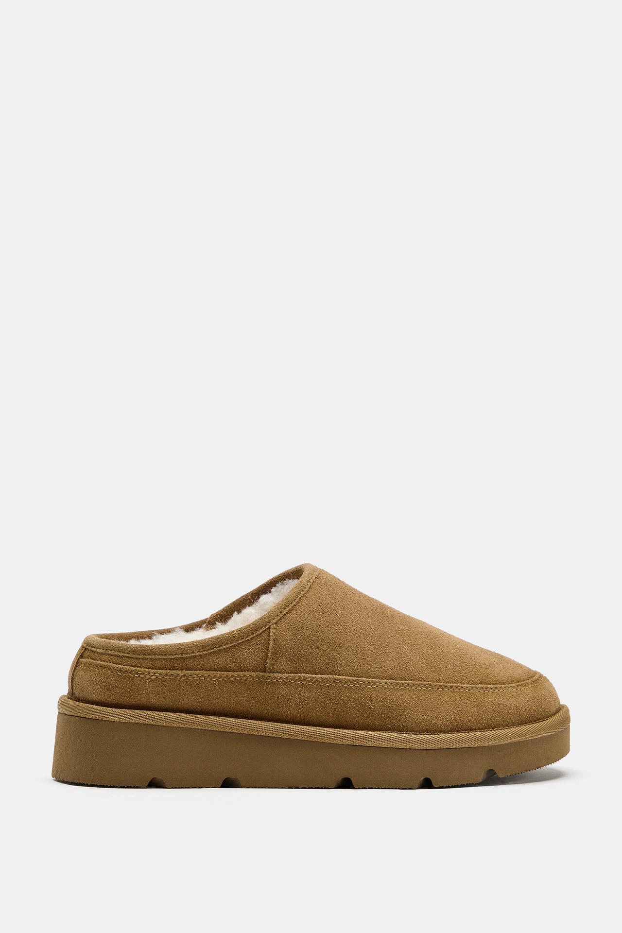 FAUX SHEARLING LEATHER MULES — Brown