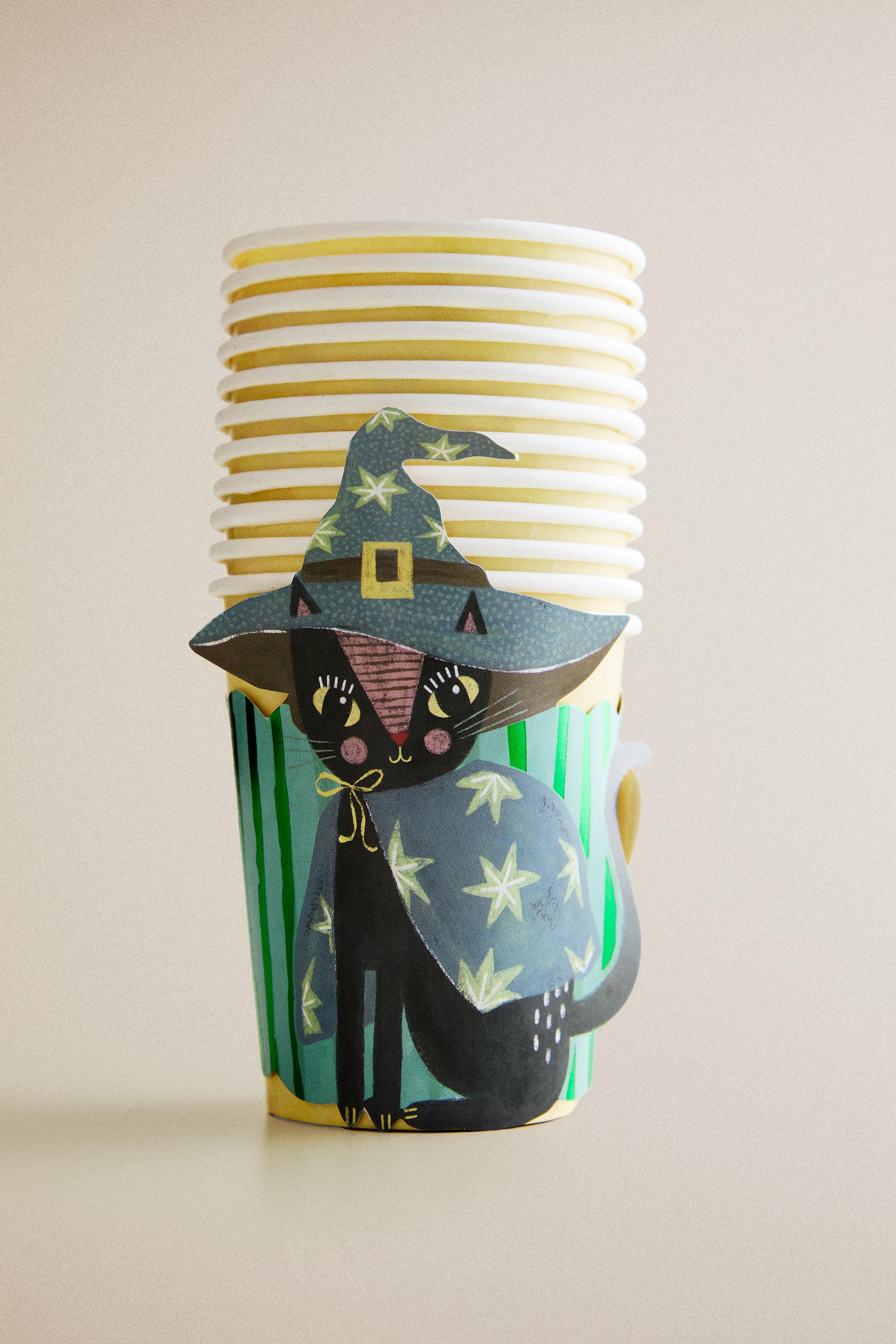 ENSEMBLE VERRES ET MANCHONS PAPIER ENFANTS CHAT HALLOWEEN (ENSEMBLE DE 12)