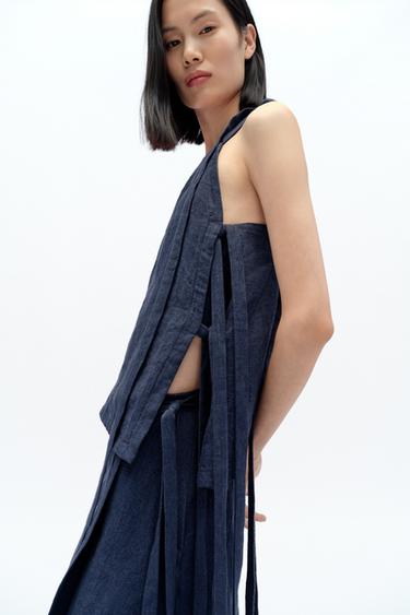 100% LINEN TOP WITH TIES X FANGLU LIN - Indigo by Zara - Image 3