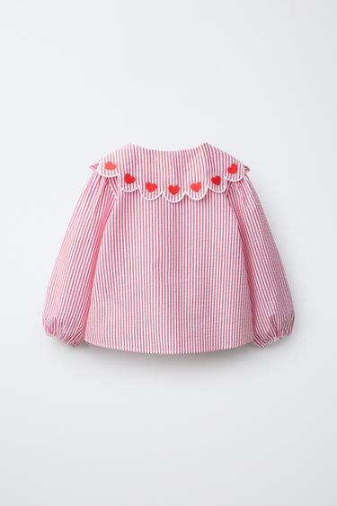 HEART AND STRIPE PETER PAN COLLAR SHIRT — Red 2