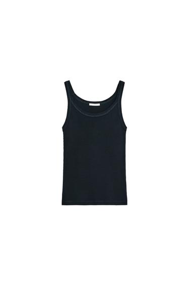 Zara COTTON RIBBED STRAP TOP - Navy blue