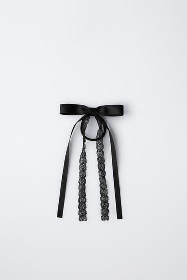 LACE AND PLAIN BOW SNAP CLIP HAIR TIE - Black by Zara