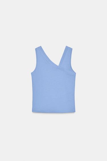 Zara RIBBED CROSSOVER NECKLINE T-SHIRT - Faded blue