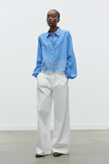 CAMISA RAIAS BORDADOS PERFORADOS - Azul/Branco de Zara - Imaxe 0