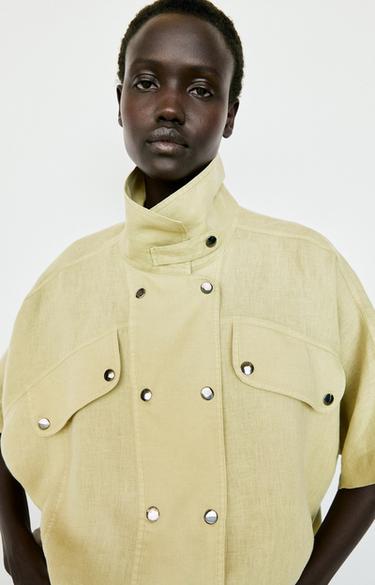 Zara Short sleeve linen snap button shirt - Lime green