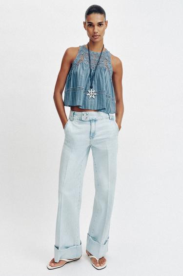 ТОП С ГОЛ ГРЪБ И КОМБИНИРАН ПЛАТ - Син/Бял от Zara