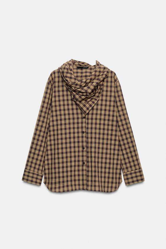 スカーフチェック オーバーサイズシャツ - ブラウン/グリーン | ZARA 