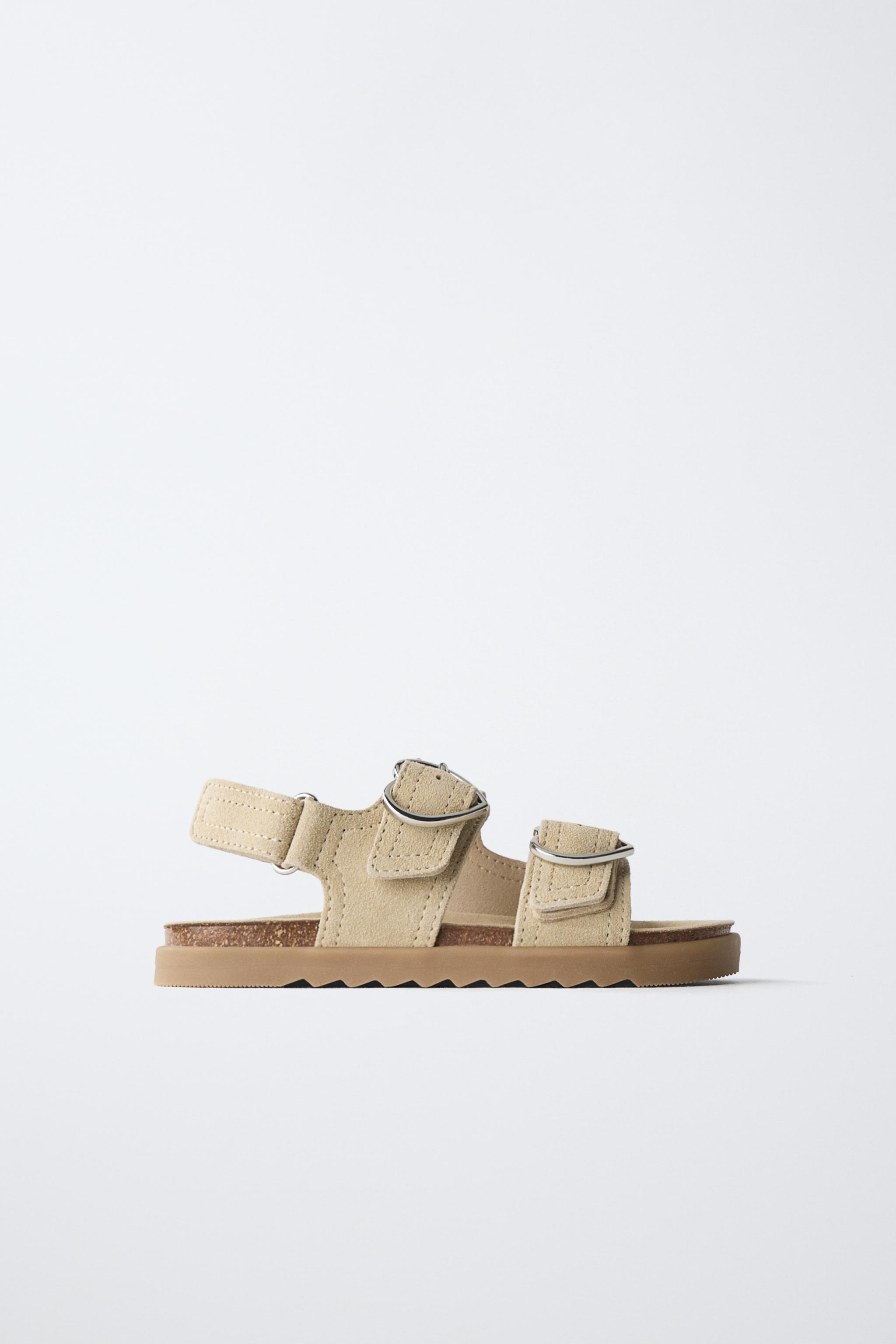 LEATHER BUCKLE SANDALS — Sandy Brown