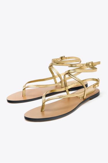 LEATHER STRAPPY SANDALS WITH METALLIC EFFECT - Gold by Zara - Image 2