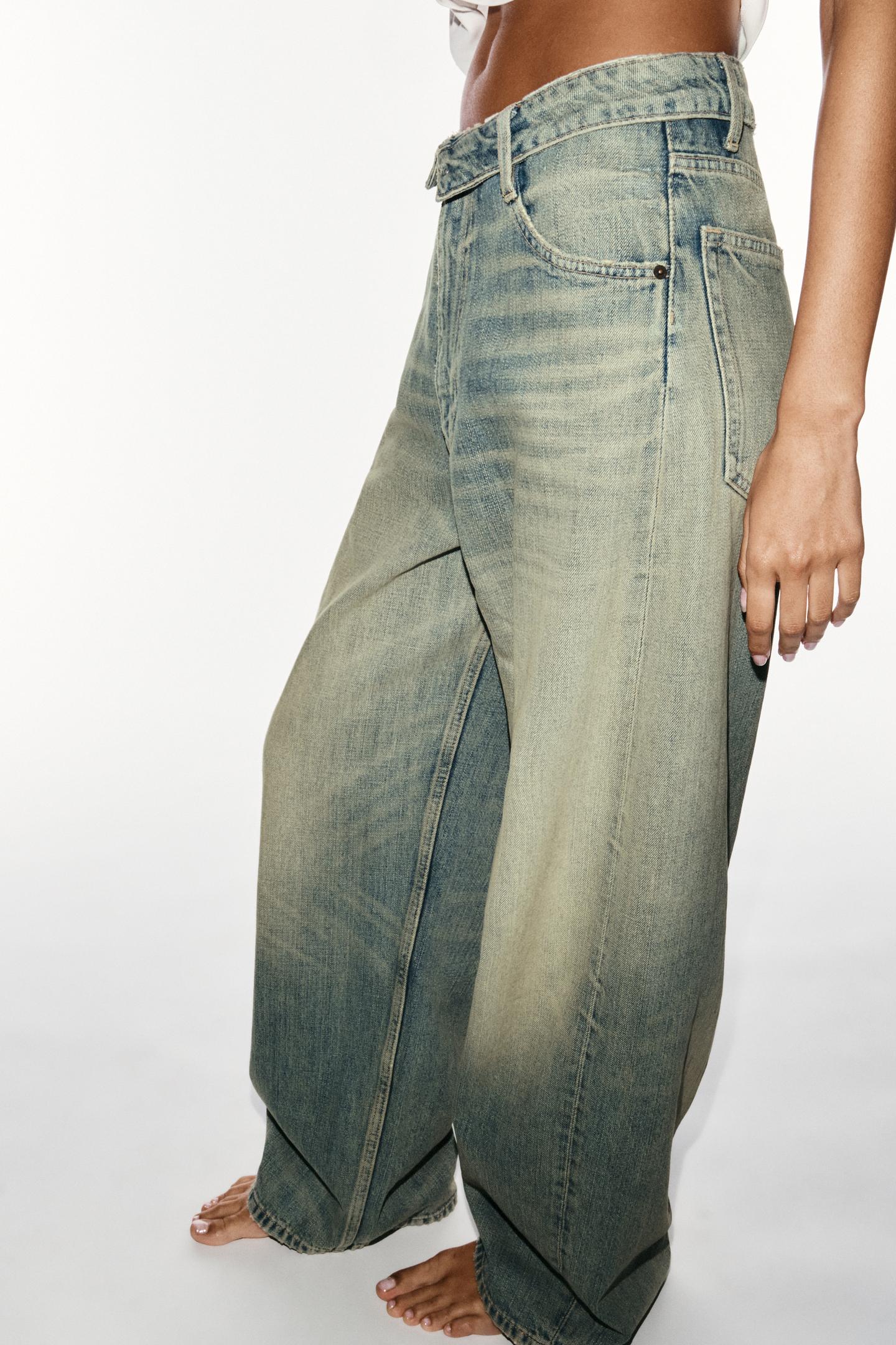 Женские джинсы Zara Trf Mid-Rise Folded Waist, цвет: Синий / Зелёный — фото 6