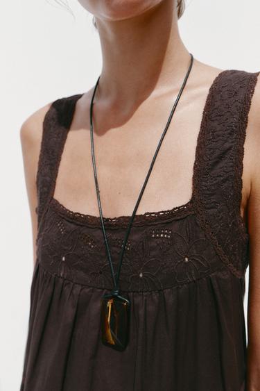 EMBROIDERED DRESS WITH LACE TRIM - Brown by Zara