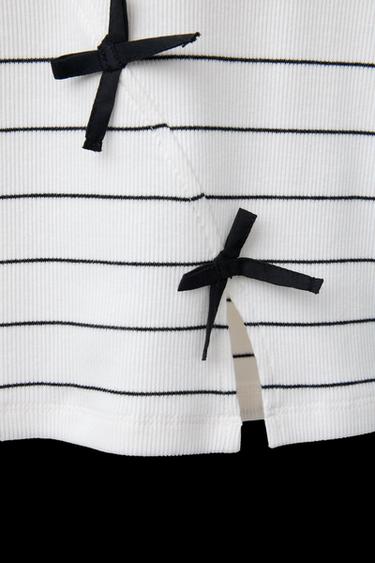 Zara RIBBED STRIPED TOP WITH BOWS - Black / White