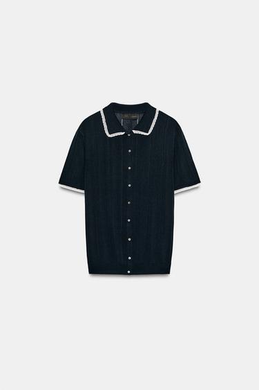 LACE TRIM POLO CARDIGAN - Navy blue by Zara - Image 6