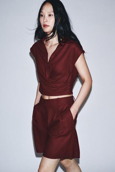 CROSSOVER LINEN BLEND TOP - Burgundy by Zara