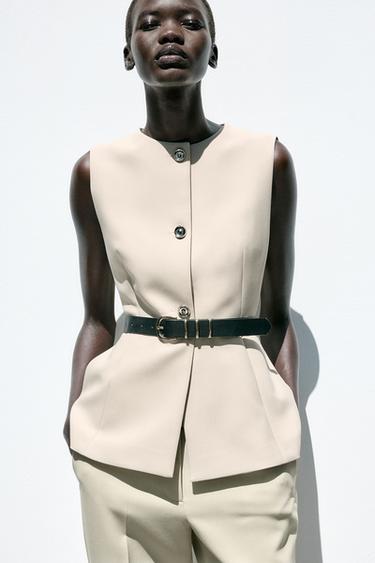 LONG WAISTCOAT WITH BELT - Sand by Zara - Image 1