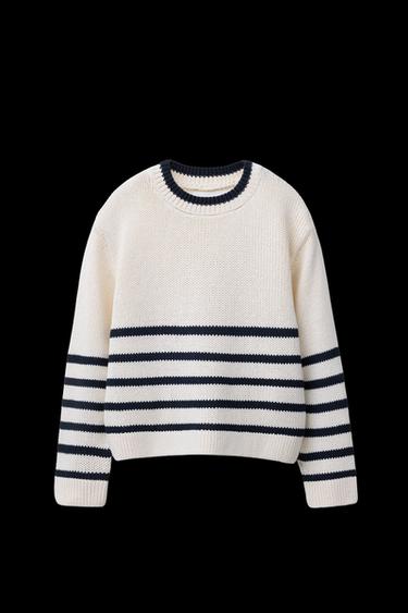 Zara STRIPED KNIT SWEATER - Ecru / Navy - Image 0