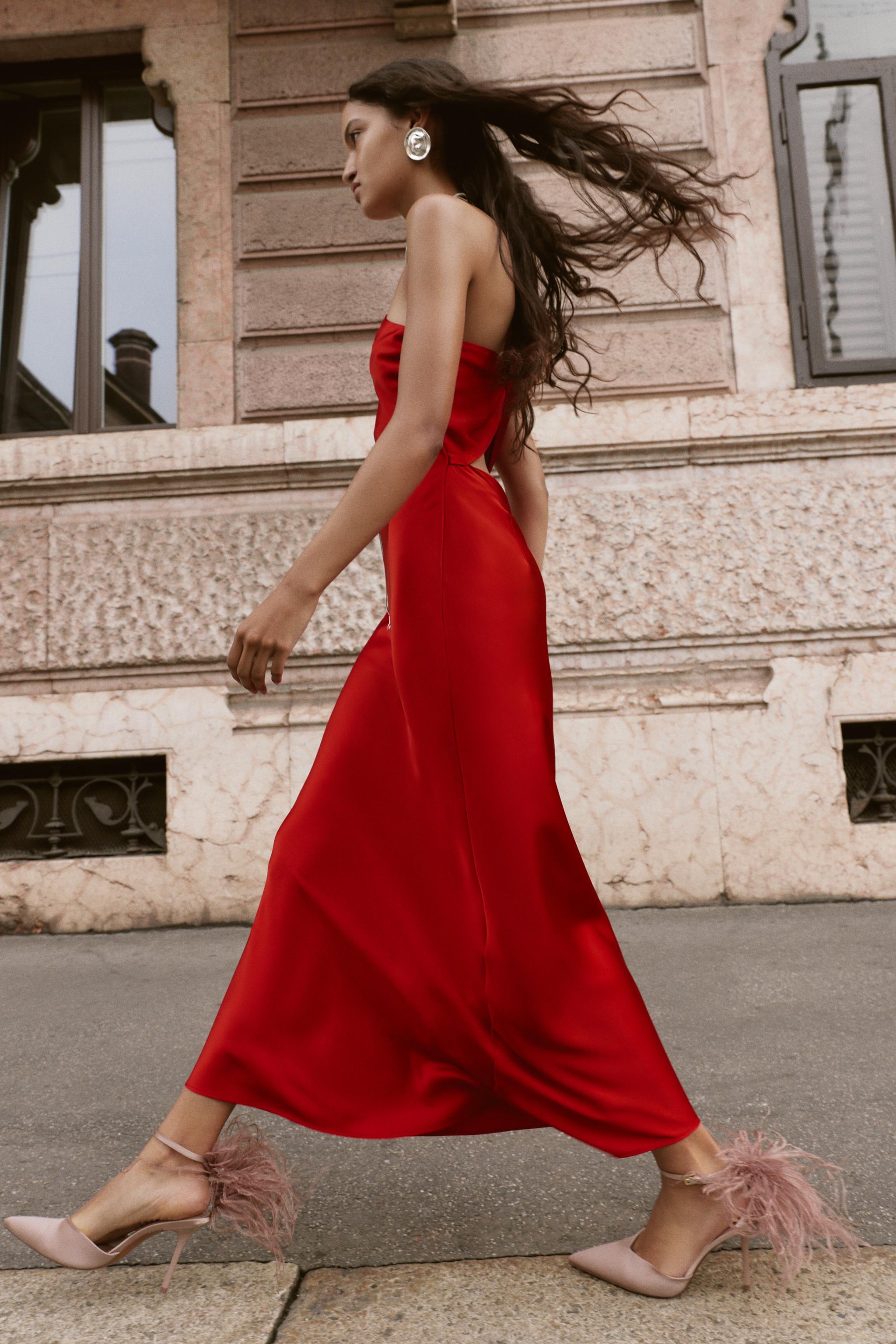 Long Sleeve Red Satin Dress Zara Midi Dress Formal Rodeo  ZARA SATIN  EFFECT MIDI DRESS