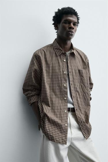 CHEMISE RELAXED FIT À CARREAUX - Beige / Marron clair de Zara - Image 6
