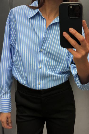 CHEMISE BASIQUE EN POPELINE - Bleu / Blanc de Zara