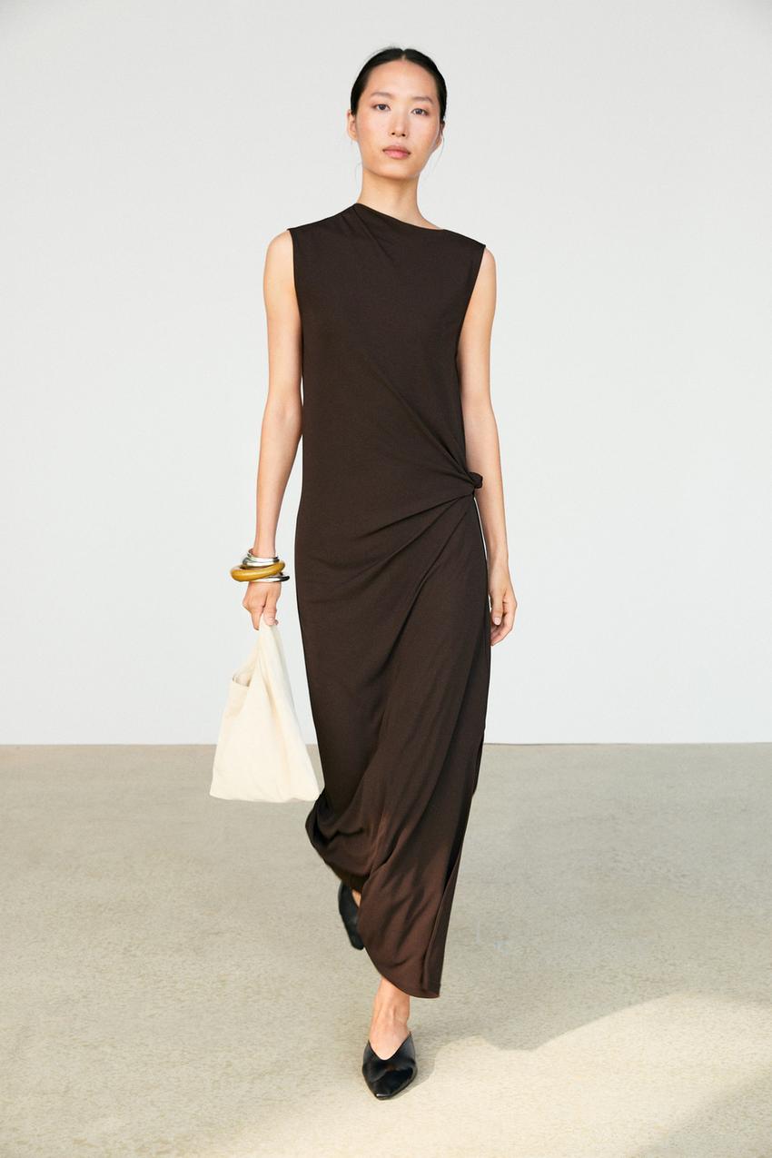 ruched midi dress zara Asymmetric ruched midi dress - Brown
