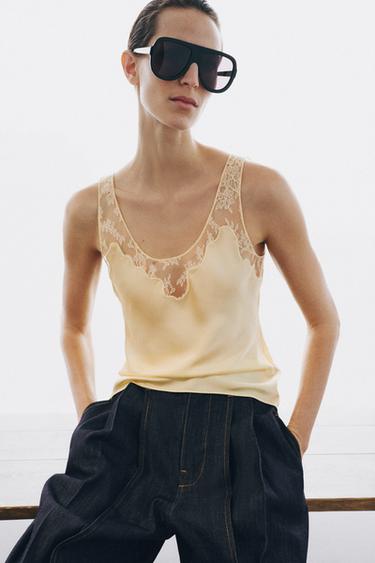 ZW COLLECTION SATIN LACE TOP - Yellow by Zara