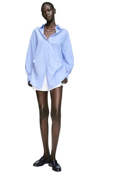 Zara PLEATED POPLIN SHIRT - Sky blue