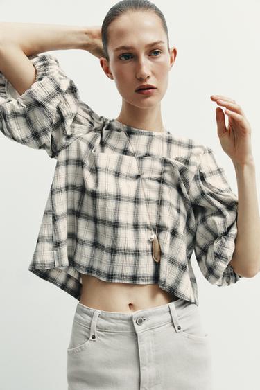CHECK BLOUSE - Ecru / Blue by Zara