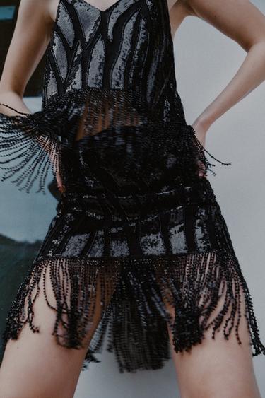 SEQUIN FRINGED SKIRT - Black by Zara
