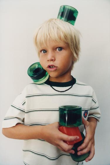 Zara STRIPED PATCH T-SHIRT - Green stripe