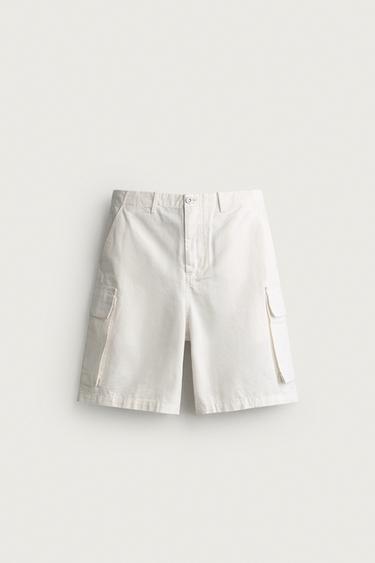 RELAXED FIT CANVAS CARGO SHORTS - White by Zara