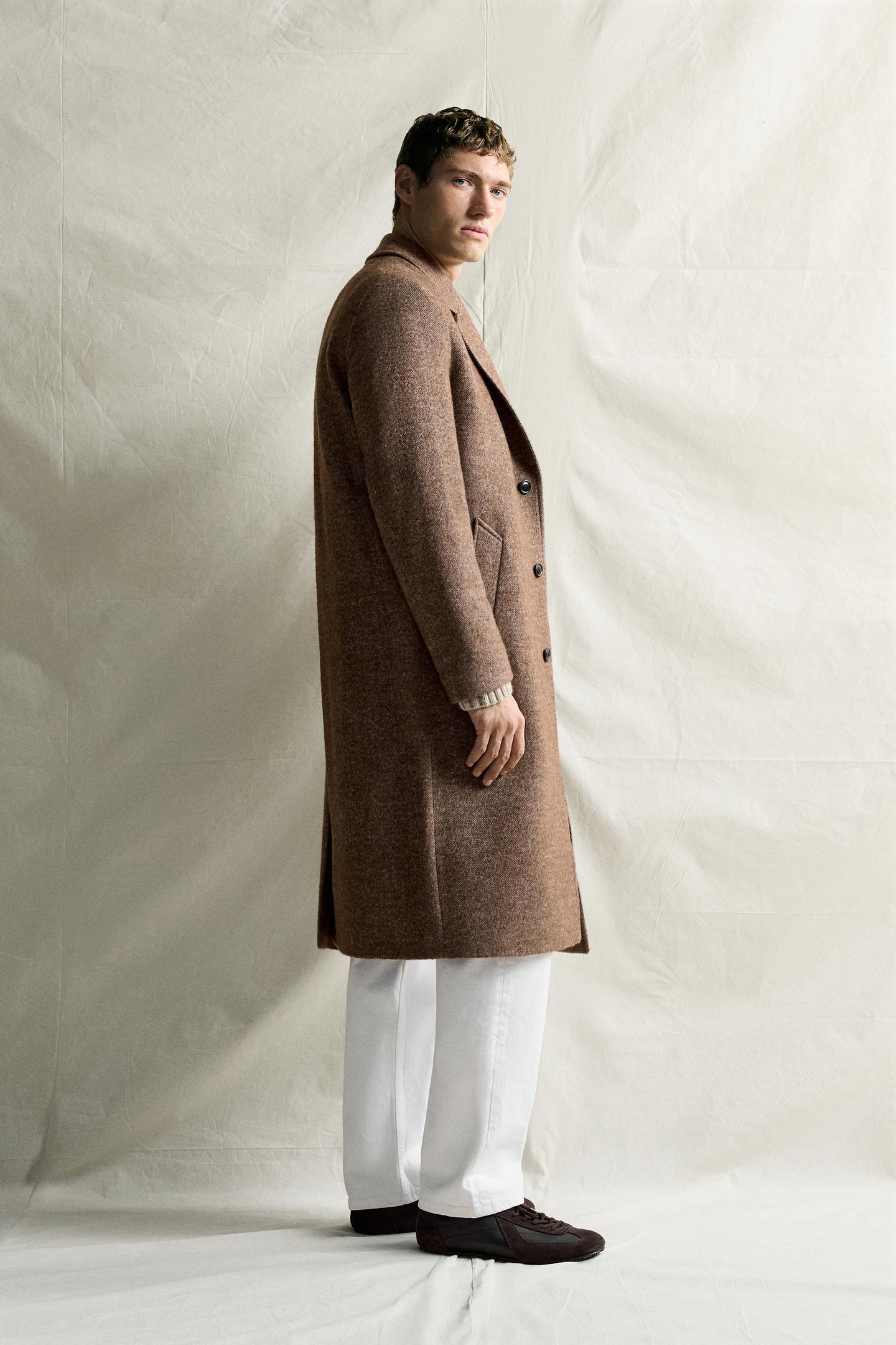 Мужское пальто Zara Herringbone Wool-Blend, цвет: Светлый коричневый — фото 4