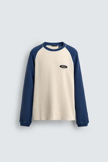 FORD © COLOUR BLOCK WAFFLE-KNIT T-SHIRT - Blue/White by Zara