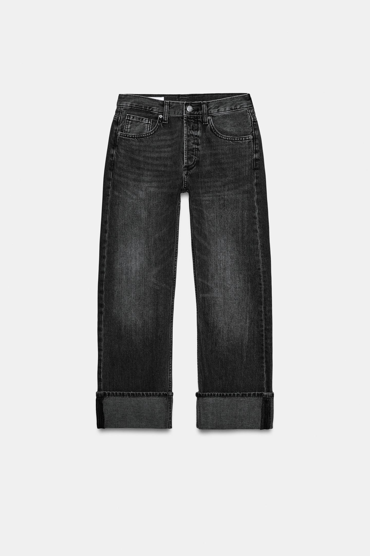 Женские джинсы Zara Mid-Rise Straight-Fit Folded Trf, цвет: Чёрный — фото 6