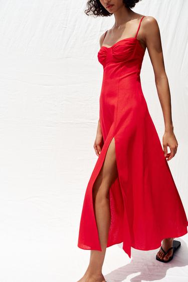MIDI CORSET DRESS WITH LINEN BLEND - Red by Zara - Image 3