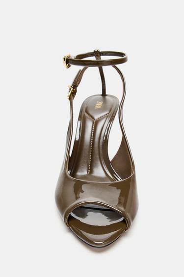 FAUX PATENT OPEN TOE SLINGBACK HEELS - Khaki Green by Zara