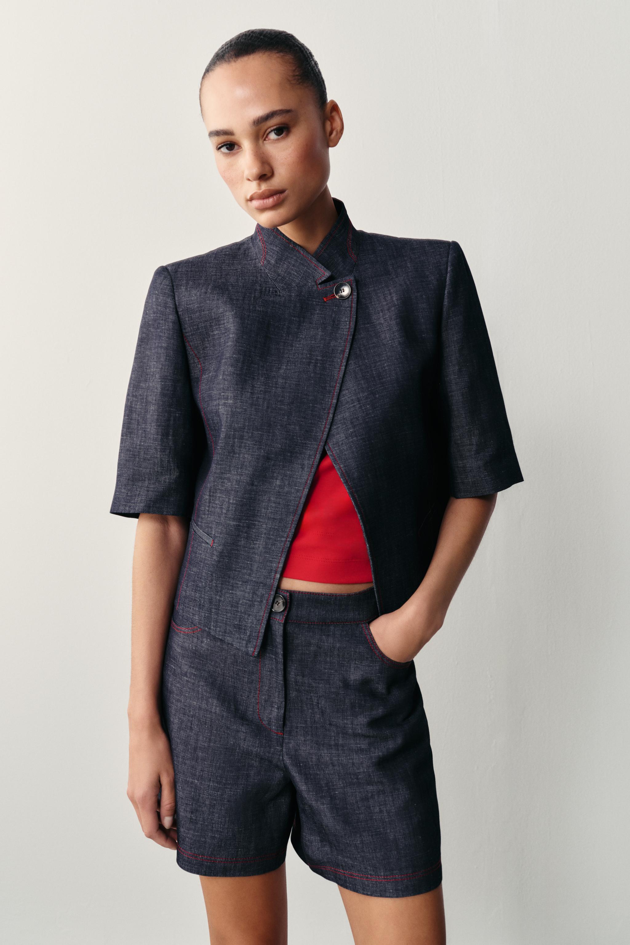 CONTRAST TOPSTITCHING LINEN SHORTS