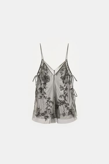 EMBROIDERED SEQUIN TOP - Light grey by Zara
